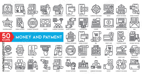 Money And Payment icons. Set of Banking, Wallet and Coins icons. Credit card, Currency exchange and Cashback money service. Euro and Dollar, Cash wallet, exchange. Banking credit card, atm payment