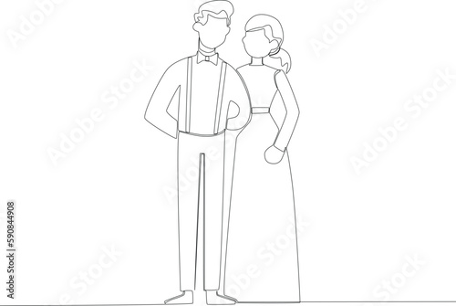 romantic bride and groom on the bwedding day. Wedding one-line drawing photo