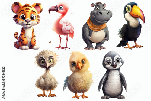 Safari Animal set tiger, penguin, bird, ostrich, toucan, flamingo, hippopotamus in 3d style. Isolated. Generative AI photo