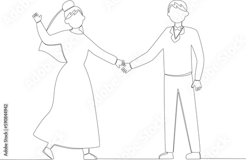 A man and a woman get married. Wedding one-line drawing
