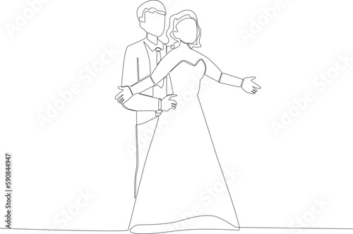A couple dancing on their wedding day. Wedding one-line drawing