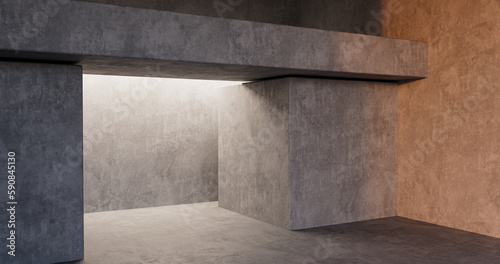a room with a concrete wall and a concrete floor with a light coming through it, 3D render