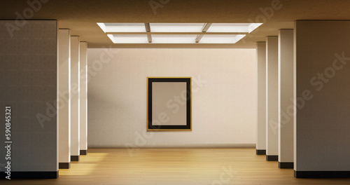 a hallway and a light fixture in it and a wooden floor and a white wall with columns, 3D render