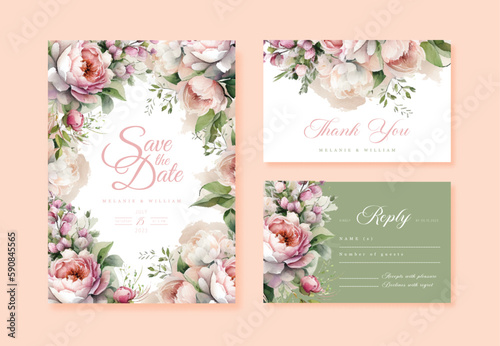 Wedding vector floral invite invitation thank you, rsvp card watercolor design set: garden flower pink peach Rose