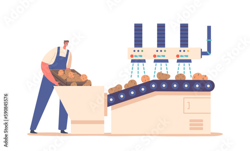 Potato Chips Manufacturing Process. Worker Character Wearing Uniform Washing Raw Vegetables on Factory Conveyor