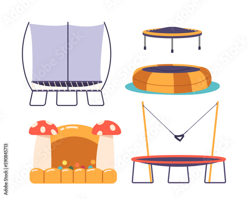 Set Of Trampolines That Includes A Sturdy Frame, Jumping Mat, And Safety Enclosure. Perfect For Families