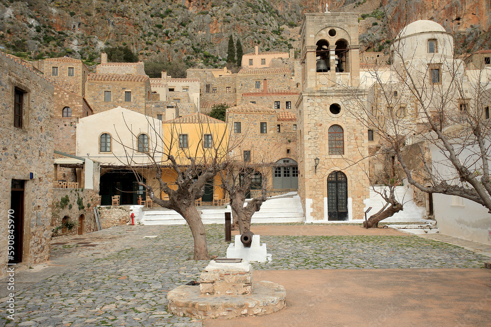 Monemvasia (Peloponnese, Greece) - The Cathedral of Elkomenos Christos (founded in 1293, rebuilt by the Venetians) and The Church Panagia Mirtidiotissa, a small 18th-century basilica.