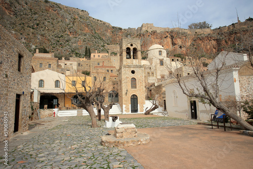 Obraz na płótnie Monemvasia (Peloponnese, Greece) - The Cathedral of Elkomenos Christos (founded in 1293, rebuilt by the Venetians) and The Church Panagia Mirtidiotissa, a small 18th-century basilica. w salonie