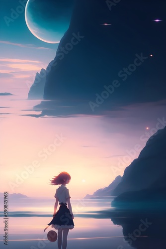 Anime Girl Walking On Water, Ripples, Backdrop Of Dawn, illustration. Generative AI photo
