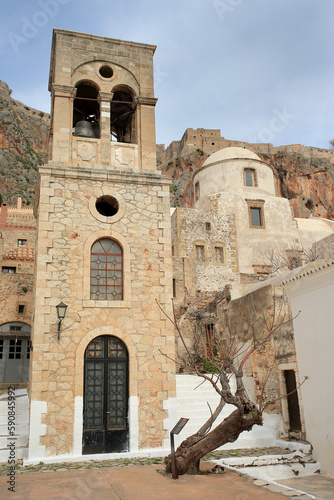 Monemvasia (Peloponnese, Greece) - The Cathedral of Elkomenos Christos (founded in 1293, rebuilt by the Venetians) and The Church Panagia Mirtidiotissa, a small 18th-century basilica.