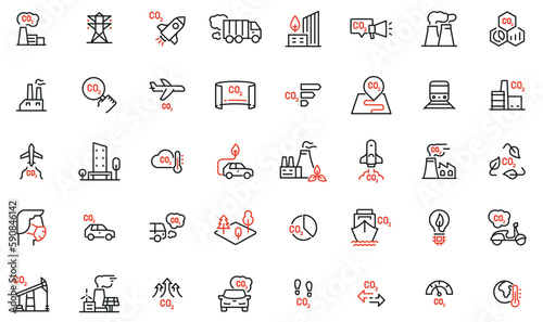 Vector Collection of Linear Icons Related to Increasing Environmental pollution. Emission of Carbon Dioxide. Mono Line Pictograms and Infographics Design Elements