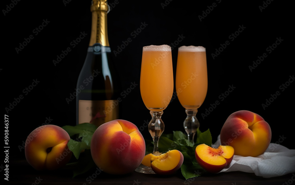 Twin glasses of Bellini alongside ripe peaches, the bottle in the backdrop, set a scene of shared pleasure and elegance.