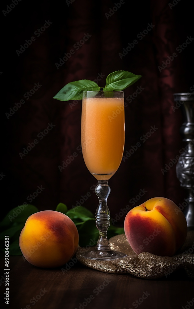 A Bellini cocktail, garnished with basil, stands amongst peaches, suggesting a fusion of traditional and modern tastes. A Bellini cocktail, garnished with basil, stands amongst peaches, suggesting a fusion of traditional and modern tastes.