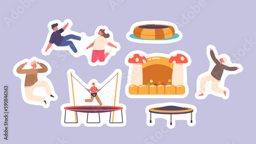 Set Of Stickers Little Kids Jumping And Hopping On Trampoline, Celebrate Party, Having Fun On Weekend Vector Patches