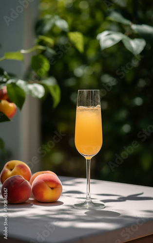 The crisp elegance of a Bellini in the garden's dappled light, with peaches nearby, encapsulates a tranquil summer day.
