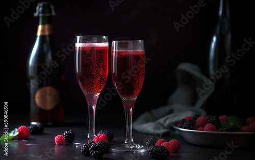Two glasses of Kir Royale with a dark, moody backdrop, conveying an air of sophistication and celebration. The glistening berries add a touch of freshness.