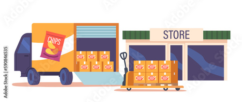 Logistics And Transportation Aspects Of The Snack Food Industry. Truck Deliver Potato Chips to Store for Distribution