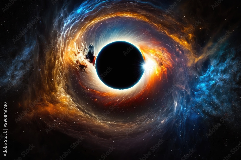 galaxy with a central black hole devouring stars and emitting jets of radiation. Generative AI galaxy with a central black hole devouring stars and emitting jets of radiation. Generative AI