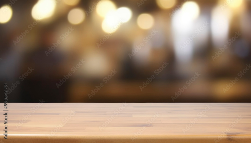 Empty Beautiful wood table top and blur cafe with light circle bokeh interior background in clean and bright, Ready for product montage Empty Beautiful wood table top and blur cafe with light circle bokeh interior background in clean and bright, Ready for product montage
