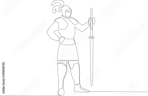 A warrior stood up brandishing a sword downwards. Ancient warrior one-line drawing