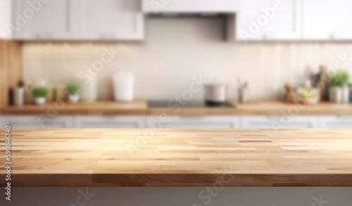 Empty beautiful wood table  top counter  and blur bokeh modern kitchen interior background in clean and bright, Ready,white background, for product montage