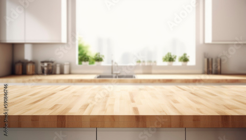 Empty beautiful wood table  top counter  and blur bokeh modern kitchen interior background in clean and bright  Ready white background  for product montage