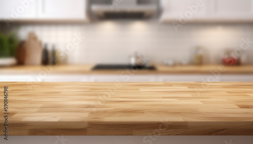 Empty beautiful wood table top counter and blur bokeh modern kitchen interior background in clean and bright, Ready,white background, for product montage