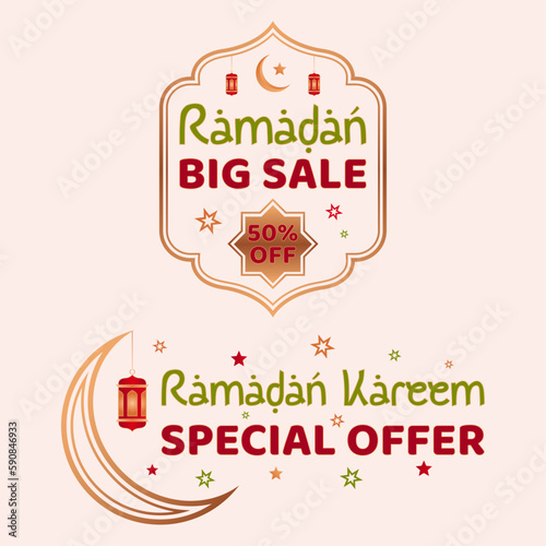 Ramadan sale stickers with red  green  orange  yellow and brown colors on the light  cream  background. 