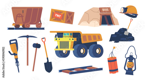 Range Of Tools And Gadgets Used By Coal Miners, Such As Lamps, Safety Helmet, Hammer and Shovel Vector Illustration