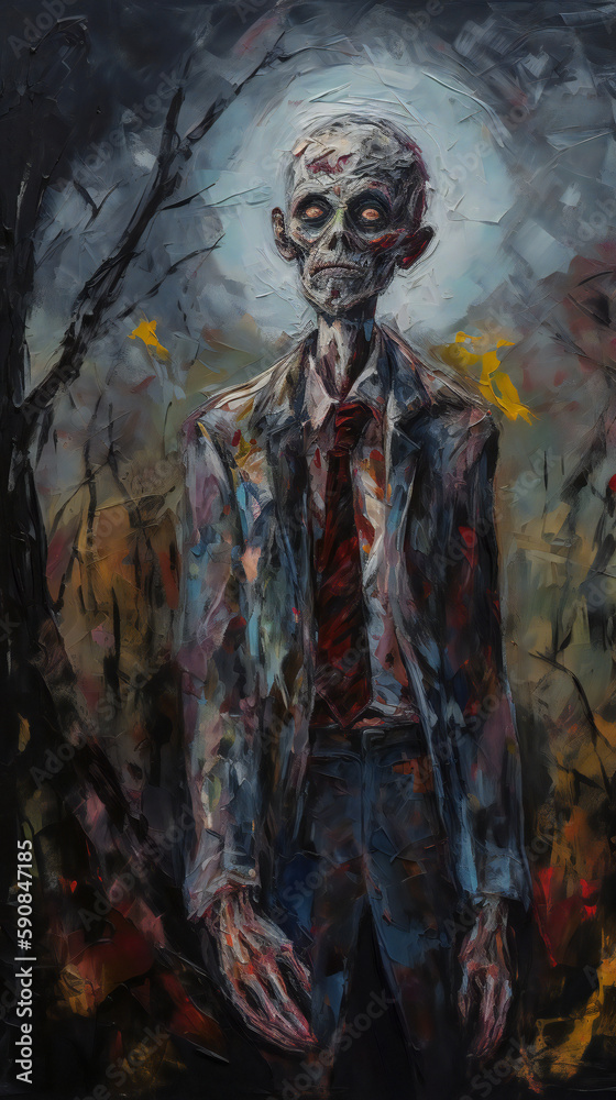 Colorful Zombie Painting, Full Moon, Haunted Forest, Dark Humor, Generative AI

