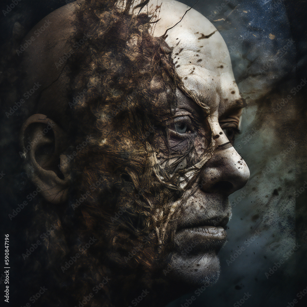 Half-Human Half-Zombie Portrait, Life and Death Struggle, Surreal Mixed Media Art, Generative AI
