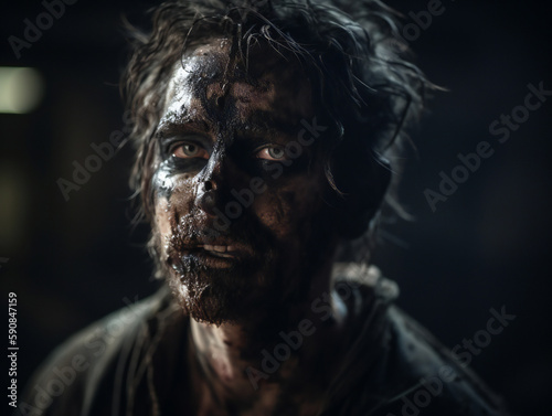 Close-up Zombie Face, Decaying Skin, Dark Abandoned Building, Realistic Photography, Generative AI
