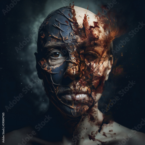 Half-Human Half-Zombie Portrait, Life and Death Struggle, Surreal Mixed Media Art, Generative AI 