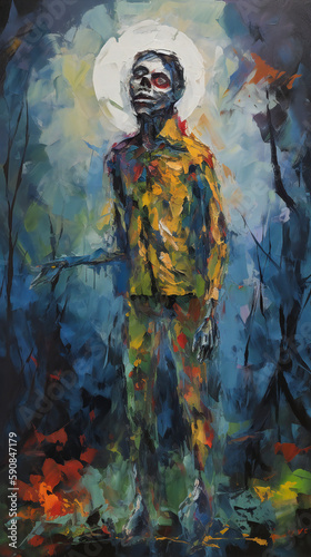 Colorful Zombie Painting, Full Moon, Haunted Forest, Dark Humor, Generative AI
