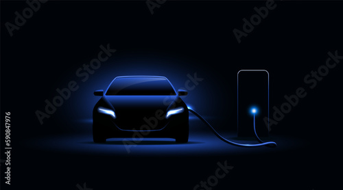 Electric car charging at the charging station. Electric vehicle concept. Vector illustration.