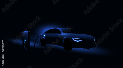 Electric car charging at the charging station. Electric vehicle concept. Vector illustration.