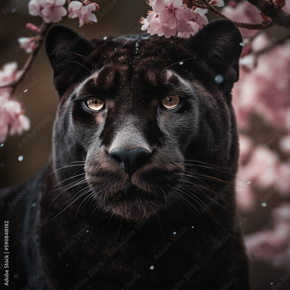 Black panther closeup portrait in cherry bloom flowers