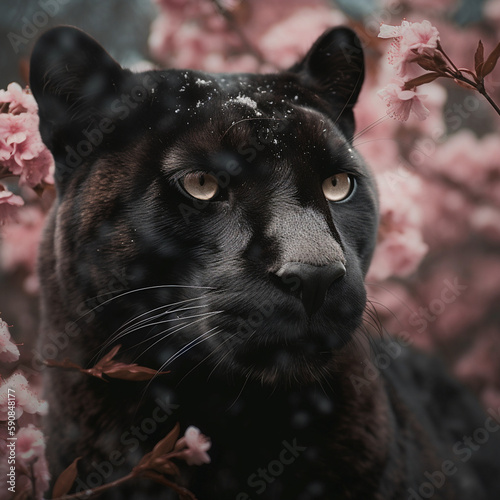 Black panther closeup portrait in cherry bloom flowers photo