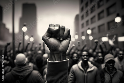 Clenched fist of an African American man raised in protest during a crowded demostration in the street. AI generated illustration. photo