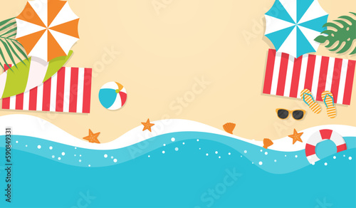 top view summer holiday beach copy space background. swim ring,umbrellas,surfboard, starfish. rest in the sea with the elements. vector illustration flat background.