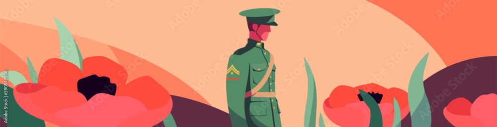 Anzac Day Tribute: Pastel Illustration with Poppy and Soldier. Capture the spirit of Anzac Day with this touching stock photo featuring a flat illustration in vector format. Anzac Day Tribute: Pastel Illustration with Poppy and Soldier. Capture the spirit of Anzac Day with this touching stock photo featuring a flat illustration in vector format.