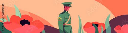 Anzac Day Tribute: Pastel Illustration with Poppy and Soldier. Capture the spirit of Anzac Day with this touching stock photo featuring a flat illustration in vector format.