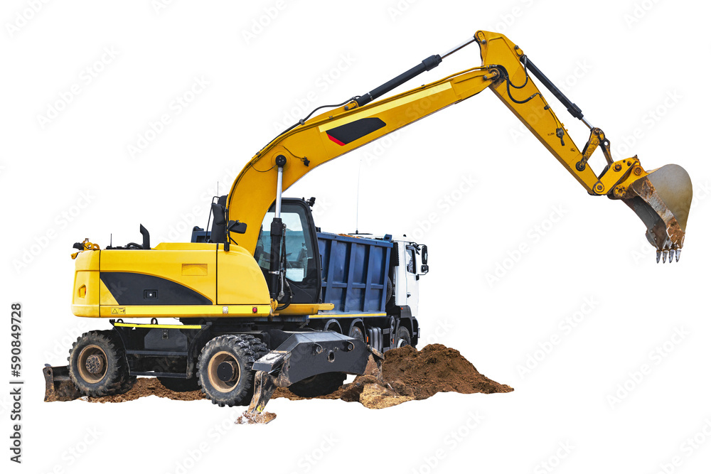 Large dump truck and excavator close-up on a white isolated background.Construction equipment for earthworks. element for design. Rent of modern construction equipment. Large dump truck and excavator close-up on a white isolated background.Construction equipment for earthworks. element for design. Rent of modern construction equipment.