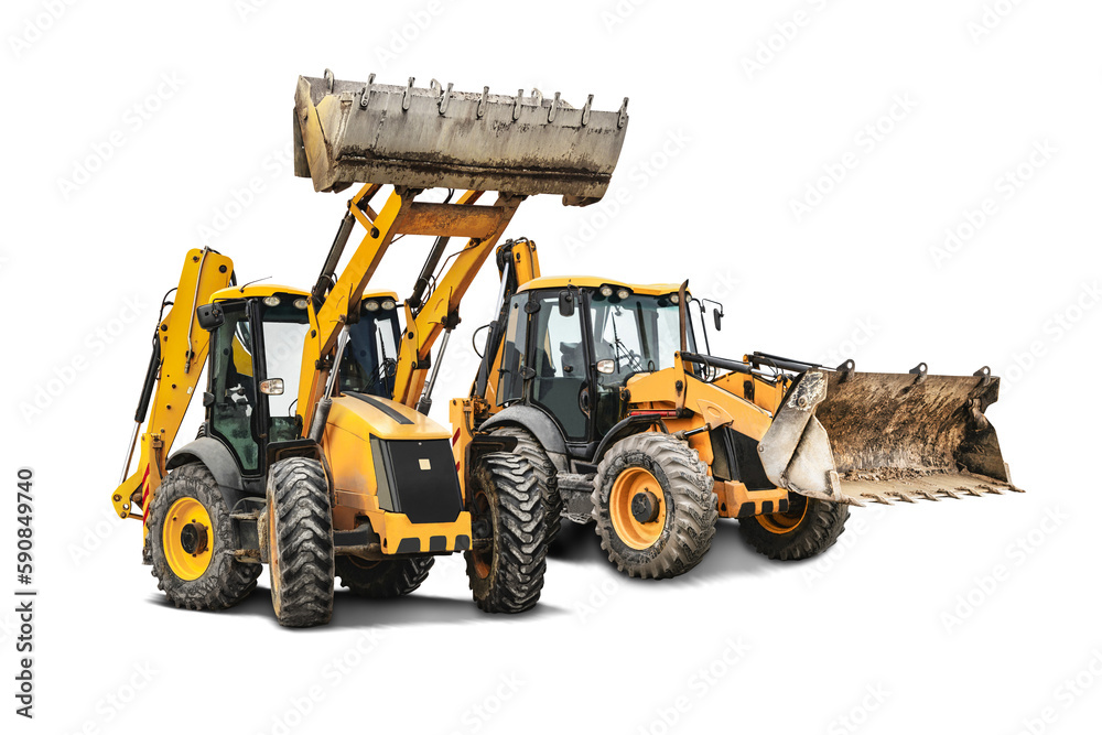 Two heavy front loaders or bulldozers on a white isolated background. Construction equipment and transport. Transportation and movement of bulk materials. Excavation. Element for design. Two heavy front loaders or bulldozers on a white isolated background. Construction equipment and transport. Transportation and movement of bulk materials. Excavation. Element for design.