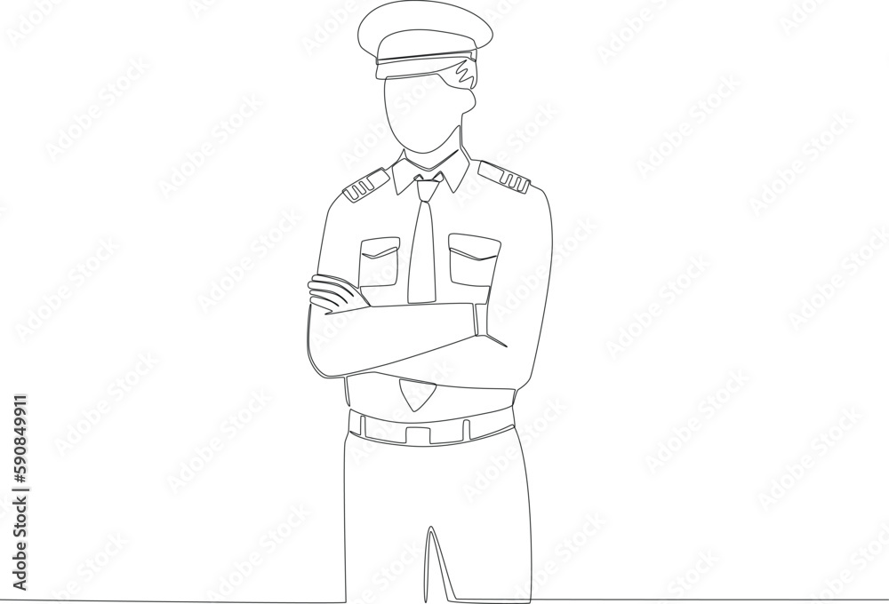 A male pilot stood looking at his plane. Pilot and plane one-line drawing A male pilot stood looking at his plane. Pilot and plane one-line drawing