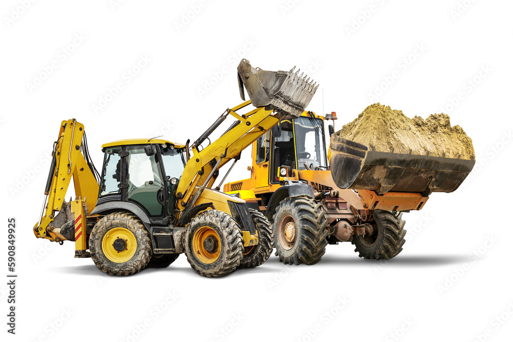 Two heavy front loaders or bulldozers on a white isolated background. Construction equipment and transport. Transportation and movement of bulk materials. Excavation. Element for design.