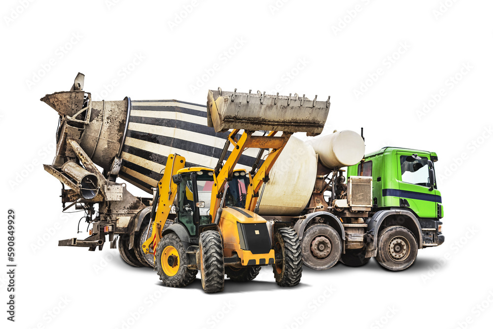 Fototapeta premium Concrete mixer truck and bulldozer loader close-up on a white isolated background.Construction equipment. element for design. Rental of construction equipment. delivery of concrete.