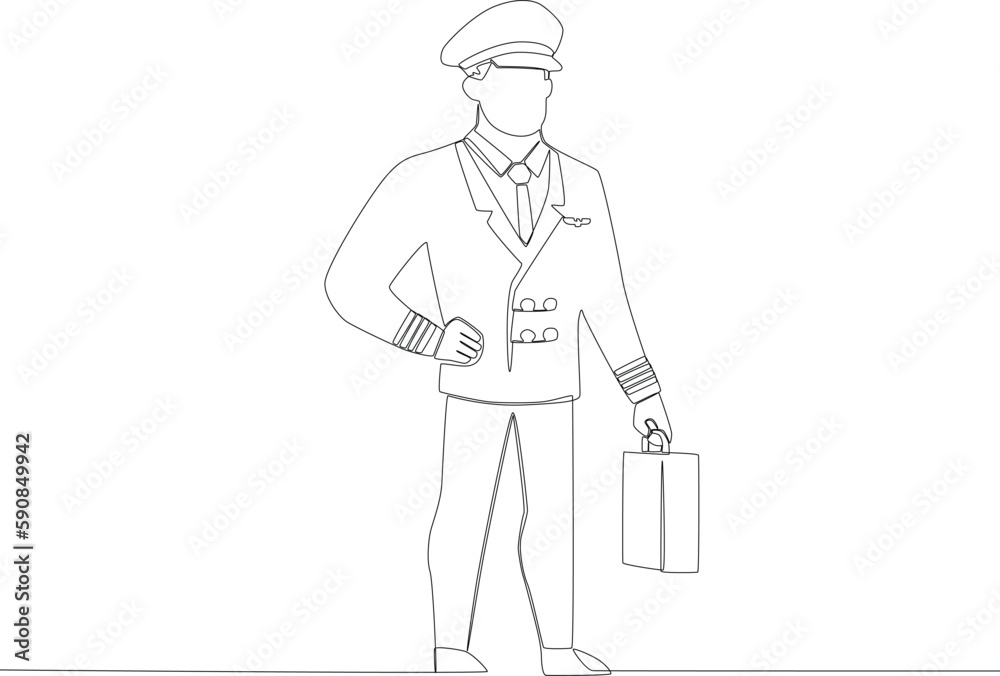 A pilot carrying a suitcase. Pilot and plane one-line drawing A pilot carrying a suitcase. Pilot and plane one-line drawing