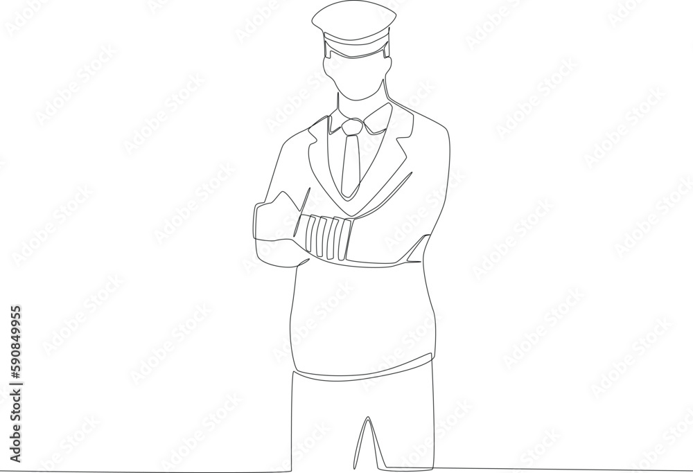 A man stands looking at the passengers of the plane. Pilot and plane one-line drawing