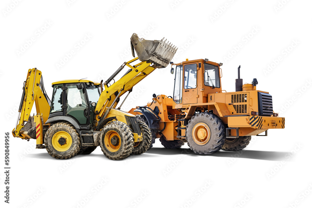 Two heavy front loaders or bulldozers on a white isolated background. Construction equipment and transport. Transportation and movement of bulk materials. Excavation. Element for design. Two heavy front loaders or bulldozers on a white isolated background. Construction equipment and transport. Transportation and movement of bulk materials. Excavation. Element for design.